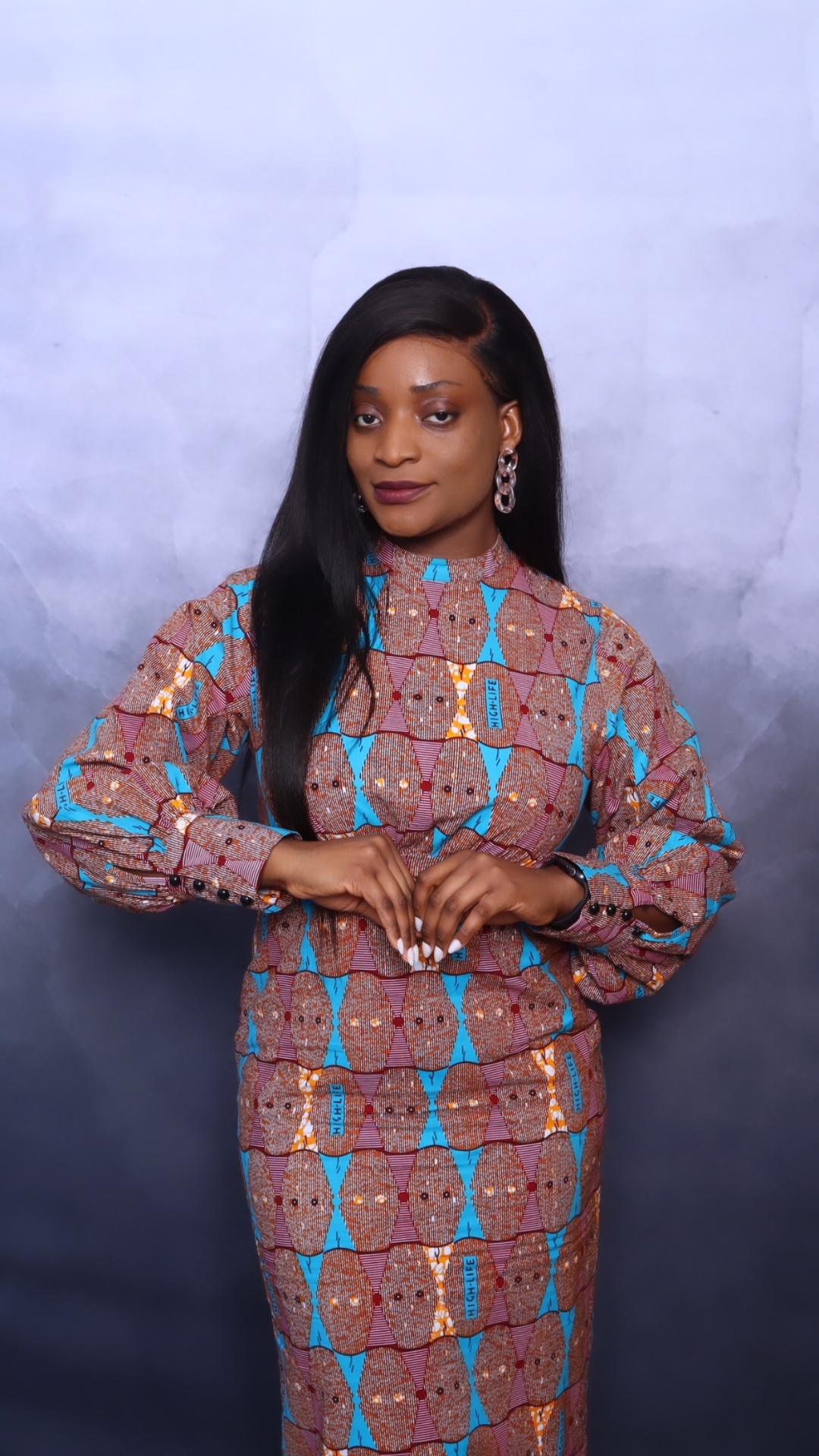 Yvonne Ben in patterned high-life dress